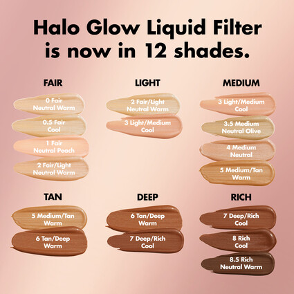 halo glow liquid filter booster education dewy all skin tone range shade finder
